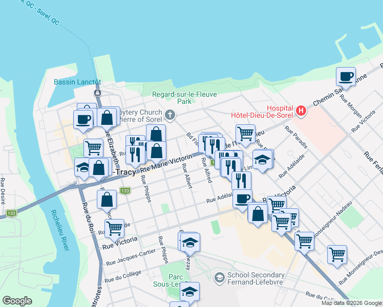 map of restaurants, bars, coffee shops, grocery stores, and more near 191 Avenue de l'Hôtel-Dieu in Sorel-Tracy