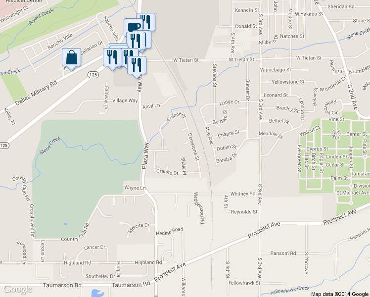 map of restaurants, bars, coffee shops, grocery stores, and more near 405 Mica Pl in Walla Walla