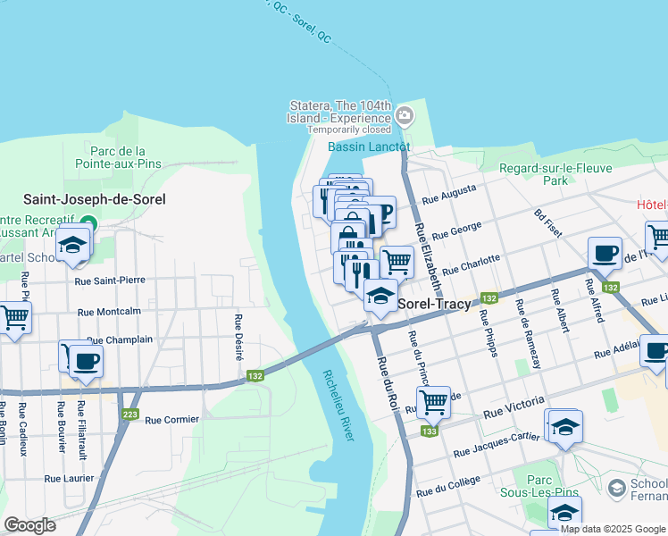 map of restaurants, bars, coffee shops, grocery stores, and more near 13 Rue George in Sorel-Tracy