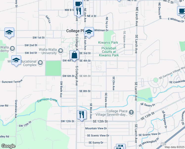 map of restaurants, bars, coffee shops, grocery stores, and more near 205 Southeast 6th Street in College Place