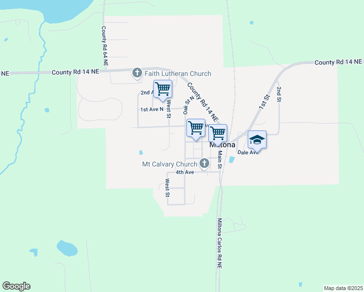 map of restaurants, bars, coffee shops, grocery stores, and more near 207 Oak Street in Miltona