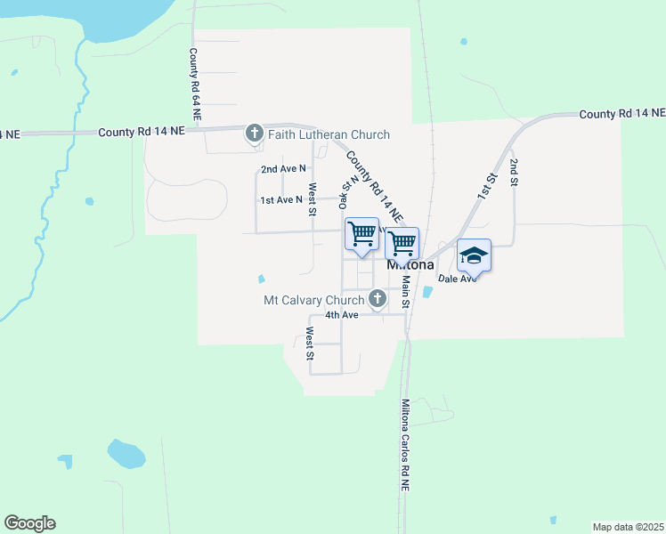 map of restaurants, bars, coffee shops, grocery stores, and more near 207 Oak Street in Miltona