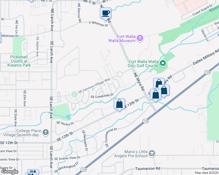 map of restaurants, bars, coffee shops, grocery stores, and more near Southeast Goldeneye Drive in College Place