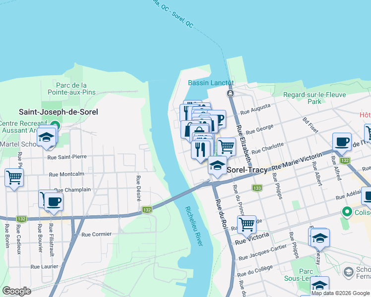 map of restaurants, bars, coffee shops, grocery stores, and more near 59 Rue de la Reine in Sorel-Tracy