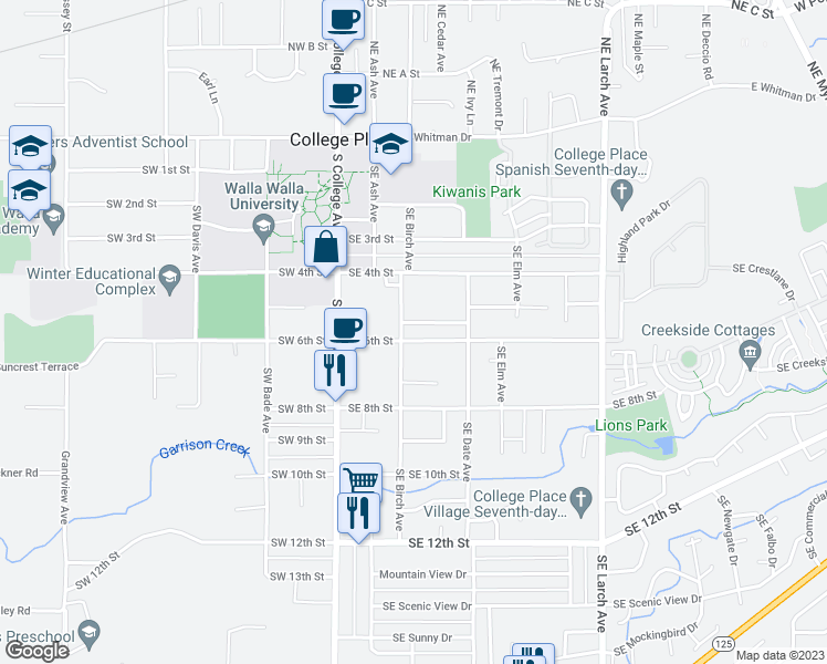 map of restaurants, bars, coffee shops, grocery stores, and more near 205 Southeast 6th Street in College Place