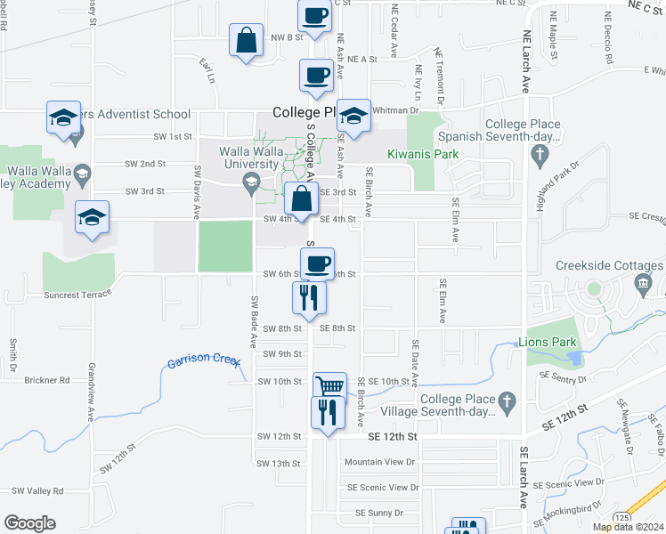 map of restaurants, bars, coffee shops, grocery stores, and more near 25 Southeast 6th Street in College Place