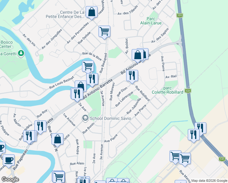map of restaurants, bars, coffee shops, grocery stores, and more near Rue Moreau in Lanaudière