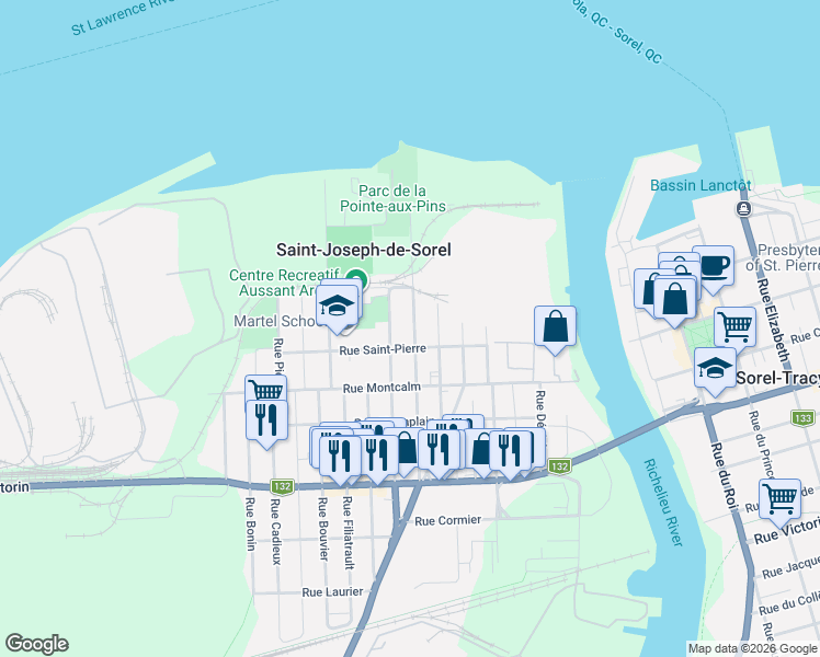 map of restaurants, bars, coffee shops, grocery stores, and more near 131 :Rue McCarthy in Saint-Joseph-de-Sorel