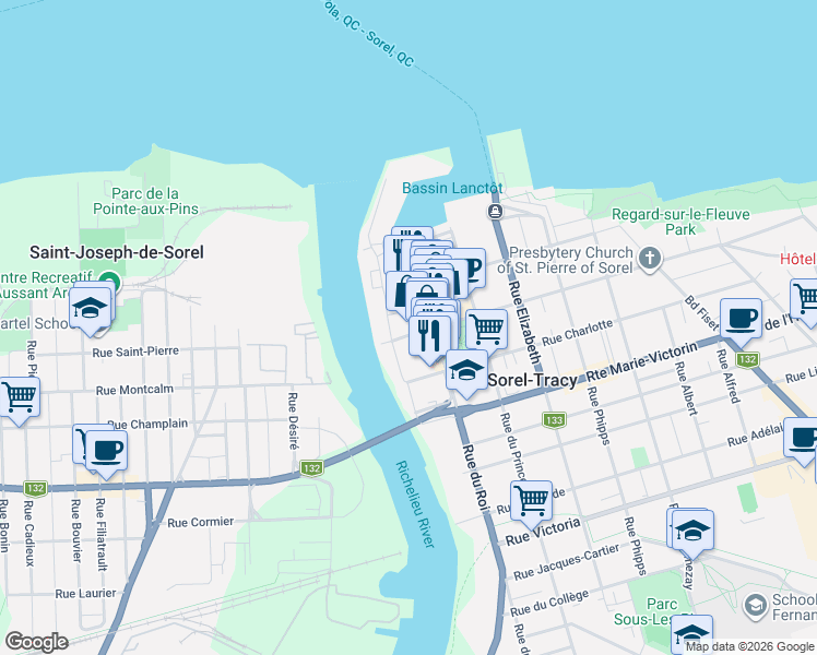 map of restaurants, bars, coffee shops, grocery stores, and more near 13 Rue George in Sorel-Tracy