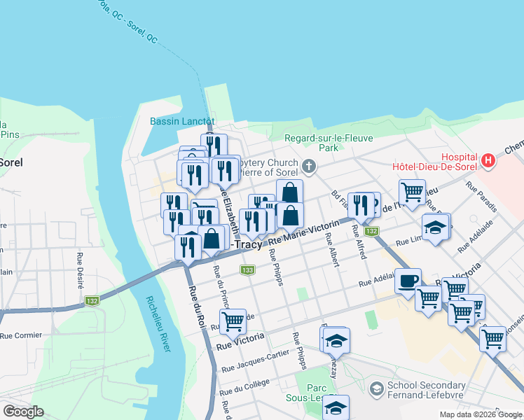 map of restaurants, bars, coffee shops, grocery stores, and more near 121 B Rue Charlotte in Sorel-Tracy