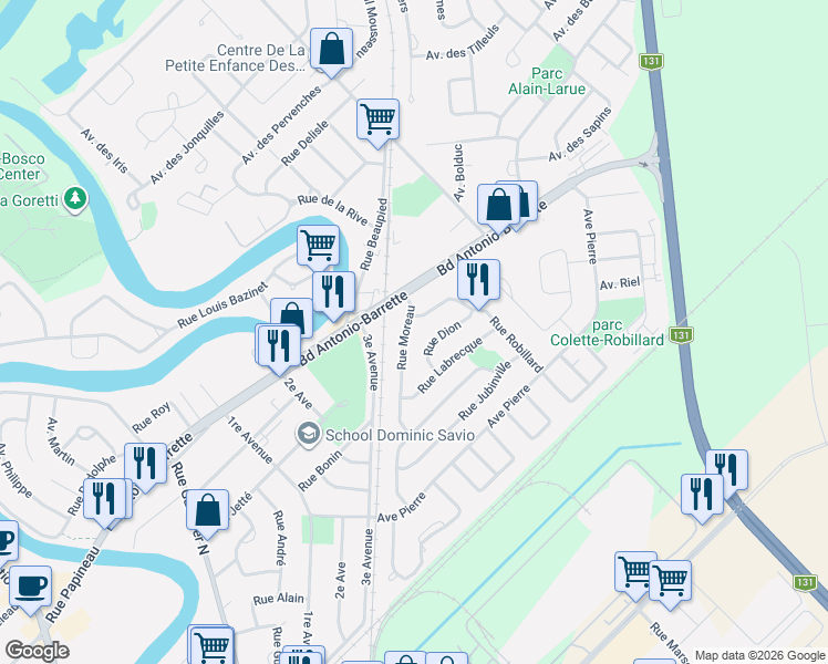 map of restaurants, bars, coffee shops, grocery stores, and more near 9 Rue Moreau in Lanaudière