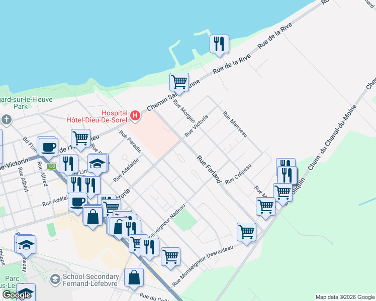 map of restaurants, bars, coffee shops, grocery stores, and more near 54 Rue Ferland in Sorel-Tracy