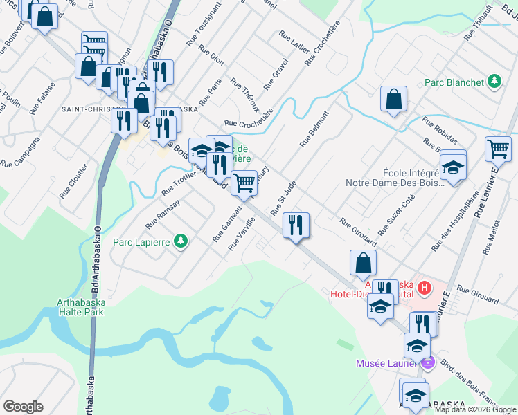 map of restaurants, bars, coffee shops, grocery stores, and more near 708 Boulevard des Bois Francs Sud in Victoriaville