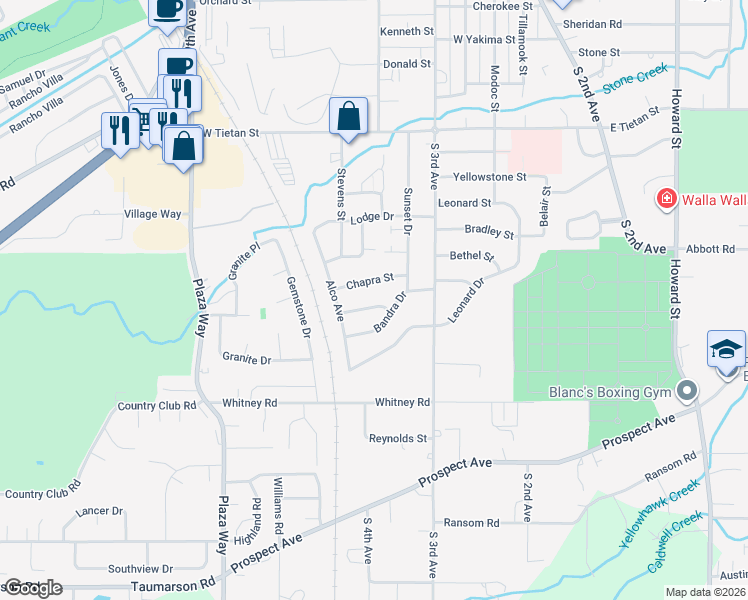 map of restaurants, bars, coffee shops, grocery stores, and more near 208 Dublin Street in Walla Walla