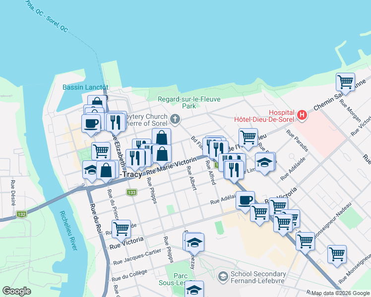 map of restaurants, bars, coffee shops, grocery stores, and more near 9 A Rue Albert in Sorel-Tracy