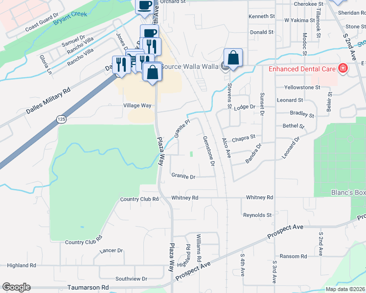 map of restaurants, bars, coffee shops, grocery stores, and more near 2295 Granite Place in Walla Walla