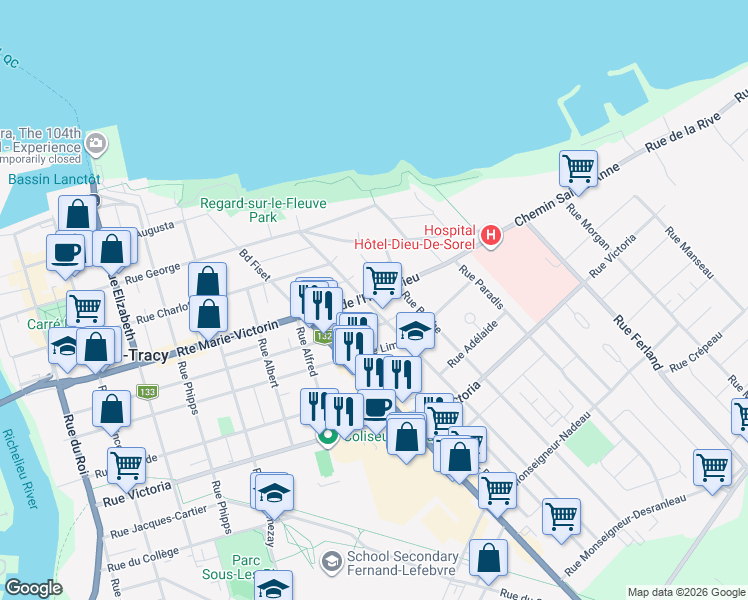 map of restaurants, bars, coffee shops, grocery stores, and more near 254 Avenue de l'Hôtel-Dieu in Sorel-Tracy