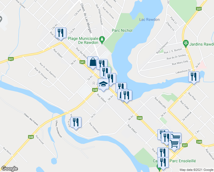 map of restaurants, bars, coffee shops, grocery stores, and more near 4557 Rue Queen in Rawdon