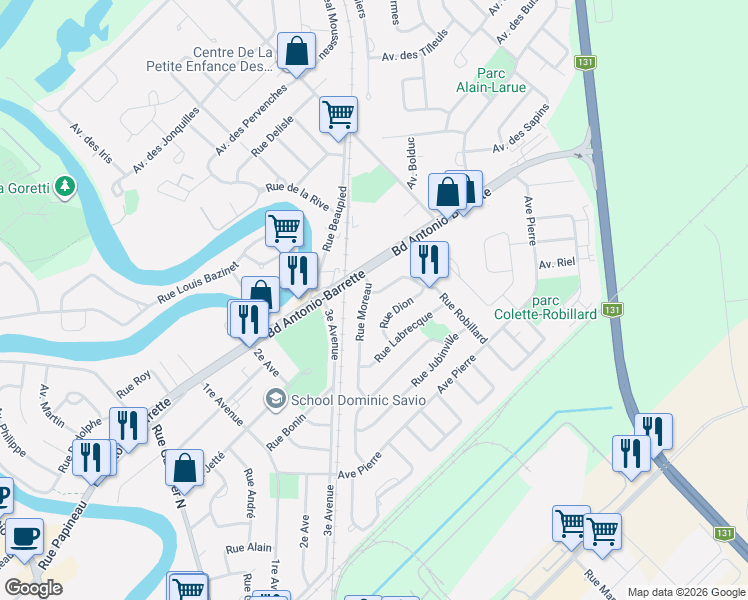 map of restaurants, bars, coffee shops, grocery stores, and more near 9 Rue Moreau in Lanaudière