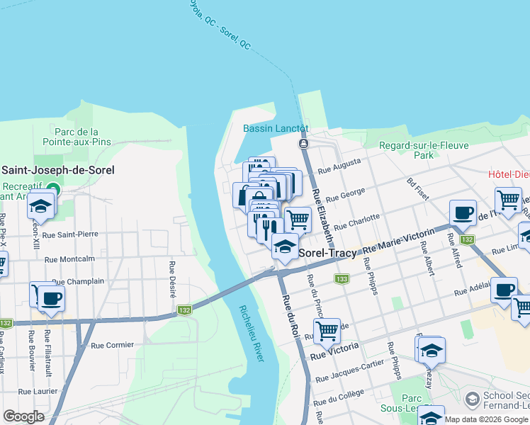 map of restaurants, bars, coffee shops, grocery stores, and more near 55 Rue du Roi in Sorel-Tracy