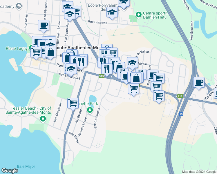 map of restaurants, bars, coffee shops, grocery stores, and more near 184 Rue Desjardins in Sainte-Agathe-des-Monts