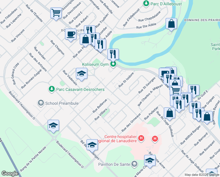 map of restaurants, bars, coffee shops, grocery stores, and more near 13 Rue Pelletier in Saint-Charles-Borromée