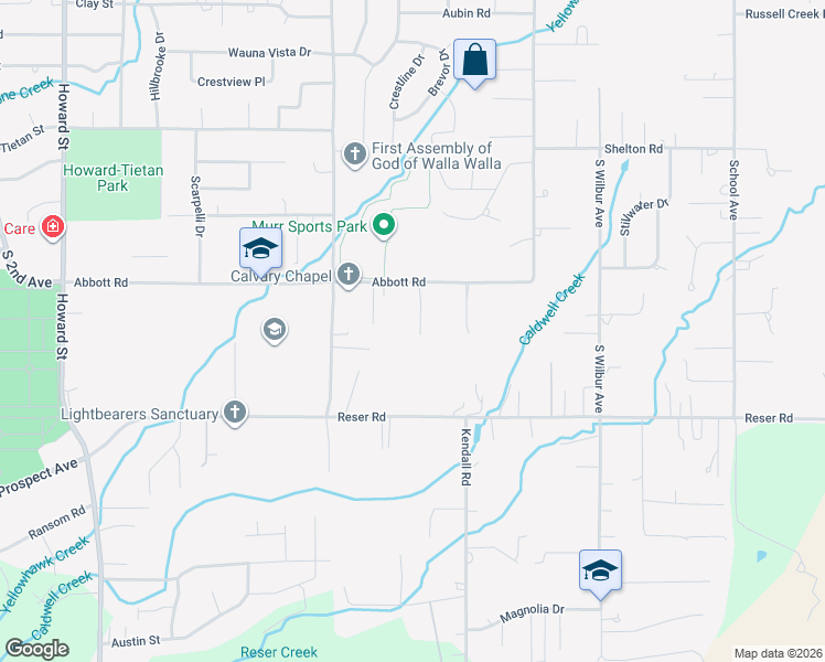 map of restaurants, bars, coffee shops, grocery stores, and more near 2155 Paramount Street in Walla Walla