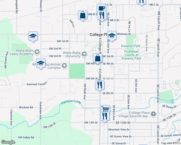 map of restaurants, bars, coffee shops, grocery stores, and more near 110 Southwest 6th Street in College Place