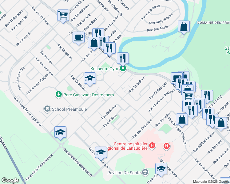 map of restaurants, bars, coffee shops, grocery stores, and more near 13 Rue Pelletier in Saint-Charles-Borromée