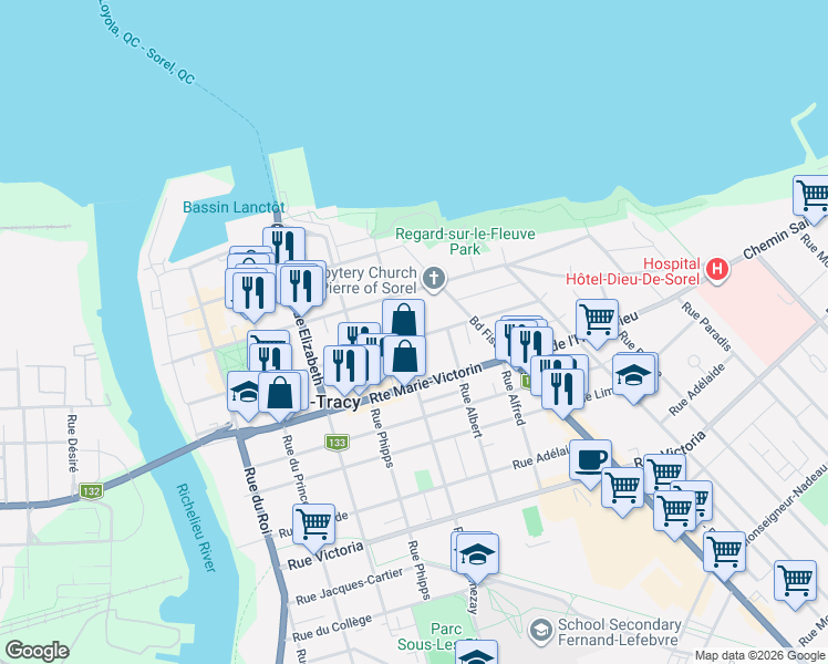 map of restaurants, bars, coffee shops, grocery stores, and more near 154 A Rue Charlotte in Sorel-Tracy