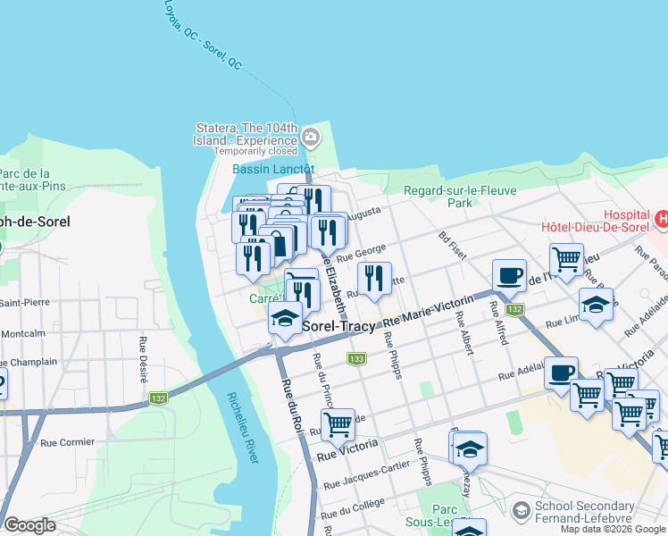 map of restaurants, bars, coffee shops, grocery stores, and more near 69 Rue Élizabeth in Sorel-Tracy
