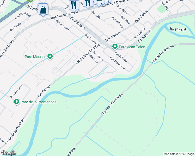 map of restaurants, bars, coffee shops, grocery stores, and more near 18 Rue Raoul in Victoriaville