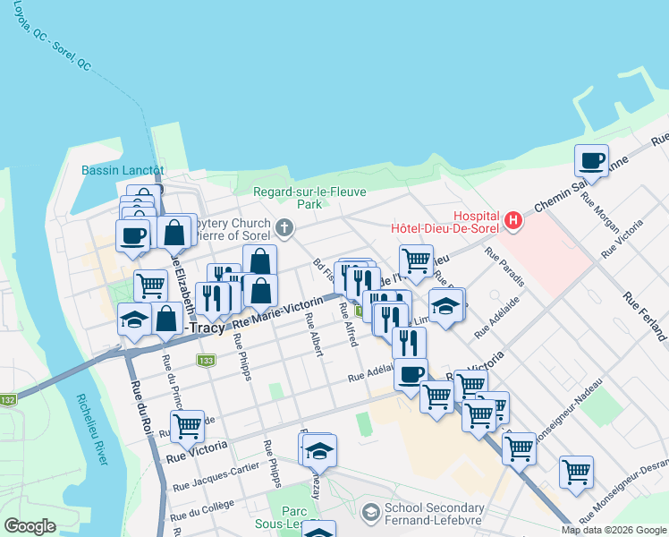 map of restaurants, bars, coffee shops, grocery stores, and more near 101 Boulevard Fiset in Sorel-Tracy