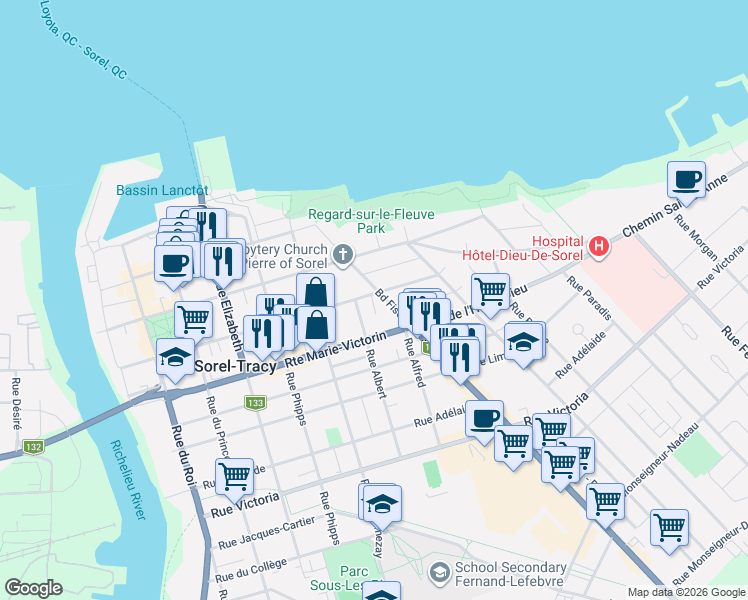 map of restaurants, bars, coffee shops, grocery stores, and more near 174 Rue Charlotte in Sorel-Tracy