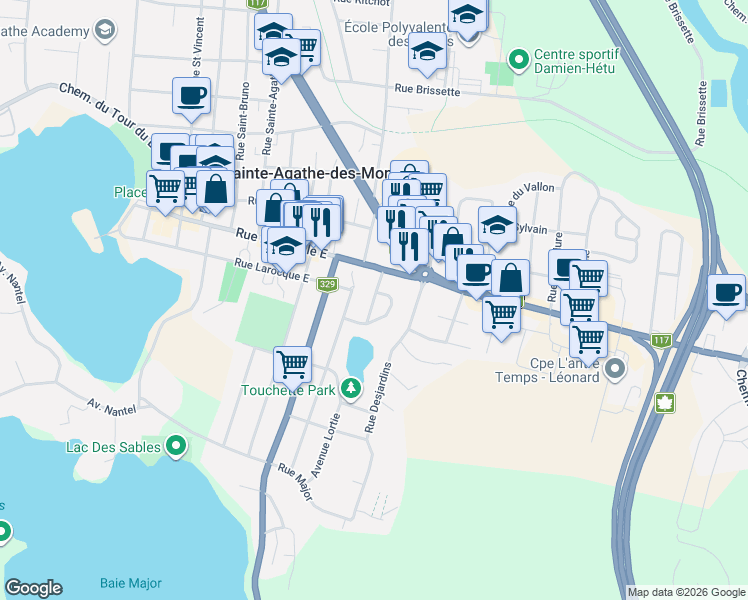 map of restaurants, bars, coffee shops, grocery stores, and more near Avenue Ménard in Sainte-Agathe-des-Monts