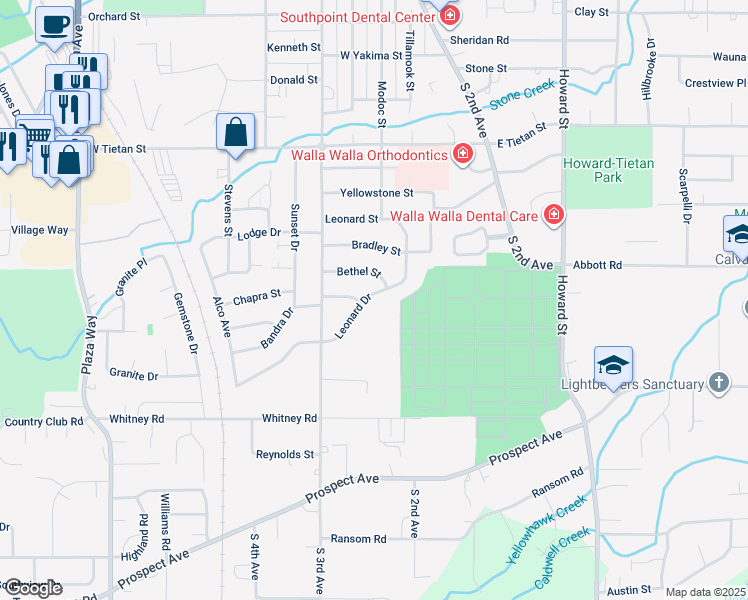 map of restaurants, bars, coffee shops, grocery stores, and more near 2019 Leonard Drive in Walla Walla