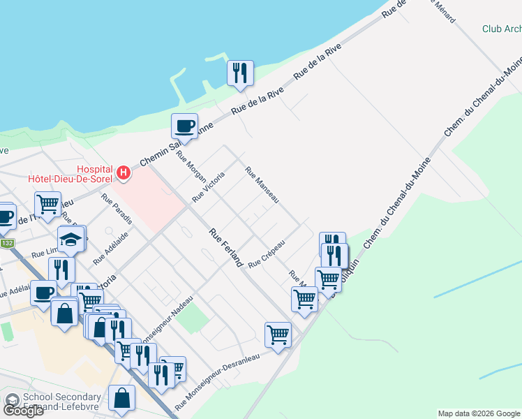 map of restaurants, bars, coffee shops, grocery stores, and more near 415 Rue Lavallée in Sorel-Tracy