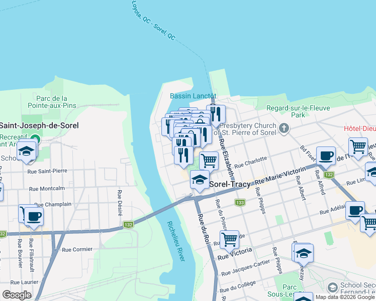 map of restaurants, bars, coffee shops, grocery stores, and more near 47 Rue du Roi in Sorel-Tracy