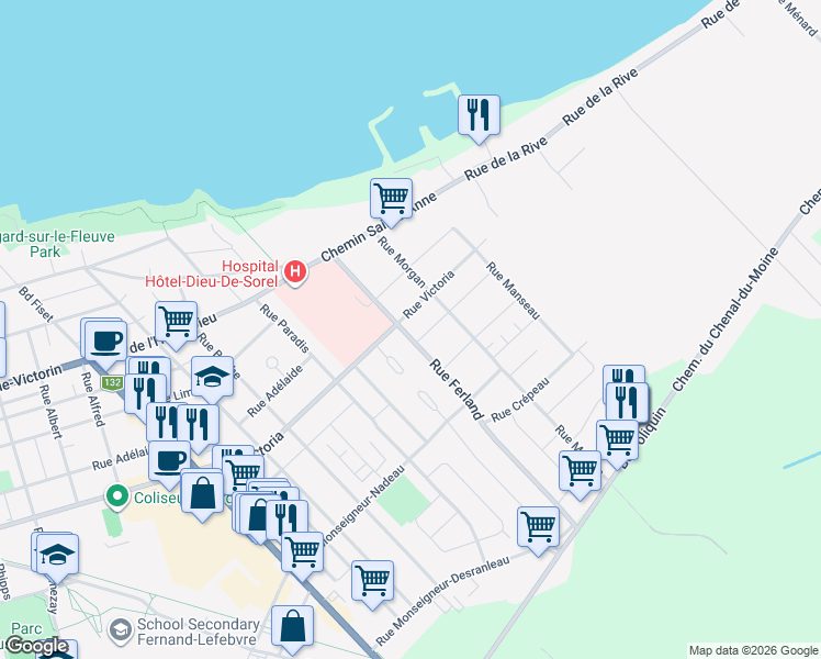 map of restaurants, bars, coffee shops, grocery stores, and more near 47 Rue Ferland in Sorel-Tracy
