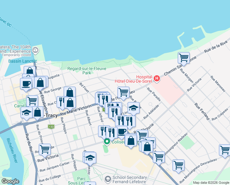 map of restaurants, bars, coffee shops, grocery stores, and more near 33 Rue Guévremont in Sorel-Tracy