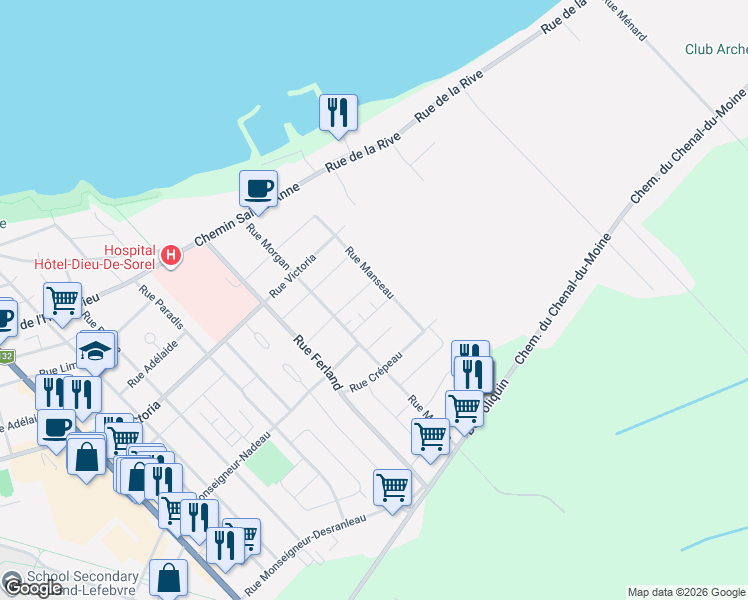 map of restaurants, bars, coffee shops, grocery stores, and more near 423 Rue Lavallée in Sorel-Tracy
