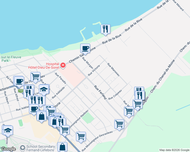 map of restaurants, bars, coffee shops, grocery stores, and more near 391 Rue Dumas in Sorel-Tracy