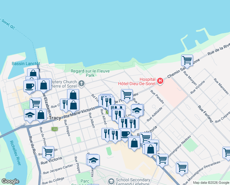 map of restaurants, bars, coffee shops, grocery stores, and more near 29 Rue Guévremont in Sorel