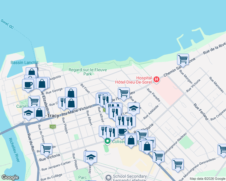 map of restaurants, bars, coffee shops, grocery stores, and more near 29 Rue Guévremont in Sorel-Tracy