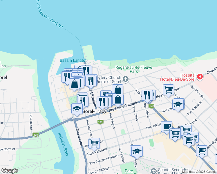 map of restaurants, bars, coffee shops, grocery stores, and more near 132 Rue George in Sorel-Tracy