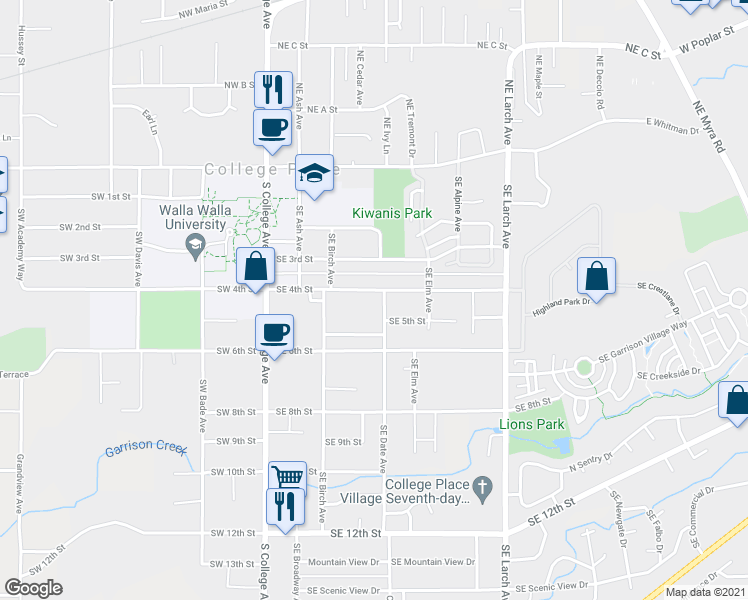 map of restaurants, bars, coffee shops, grocery stores, and more near 308 Southeast 4th Street in College Place