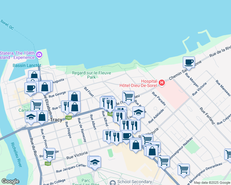 map of restaurants, bars, coffee shops, grocery stores, and more near 27 Rue Guévremont in Sorel-Tracy
