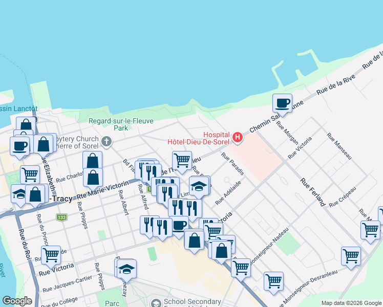 map of restaurants, bars, coffee shops, grocery stores, and more near 21 Rue Barthe in Sorel-Tracy