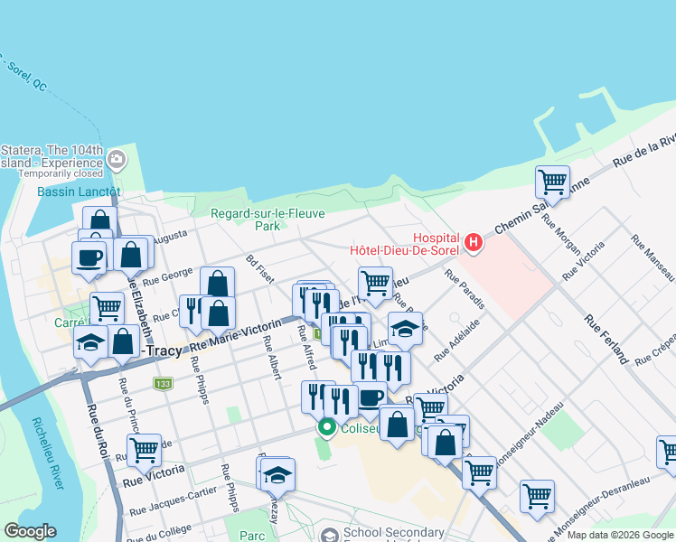 map of restaurants, bars, coffee shops, grocery stores, and more near 27 Rue Guévremont in Sorel-Tracy