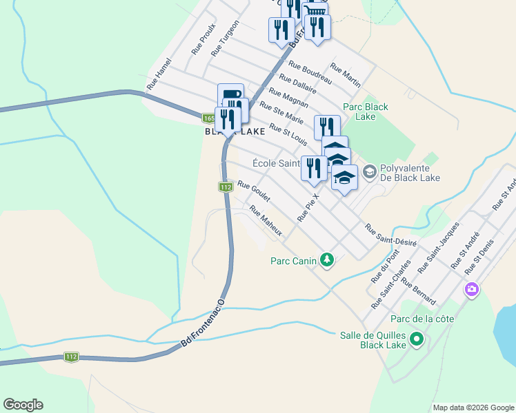 map of restaurants, bars, coffee shops, grocery stores, and more near 705 Rue Maheux in Thetford Mines